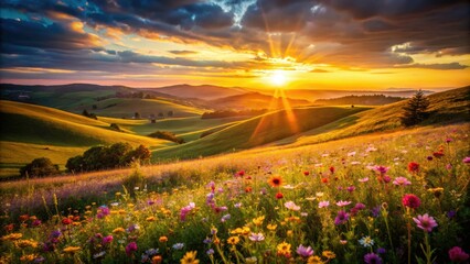 Fototapeta premium Blooming meadows transform into a miniature world at sunset, captured with tilt-shift photography.