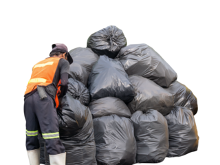 Garbage worker or trash collector collecting garbage in black plastic bags in giant stack isolated with clipping path in png file format