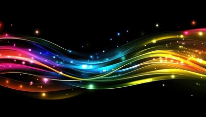 Abstract colorful glowing wave lines on black background.