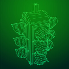 Traffic light with three lights. Wireframe low poly mesh vector illustration.