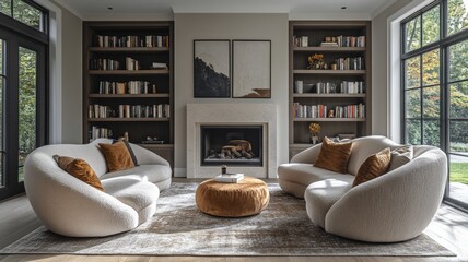 living room in a modern luxury style, with a bold neutral color palette and contrast with a subtle accent of royal navy blue in the decor