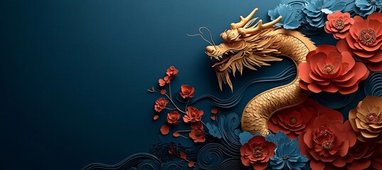 Fototapeta premium A stunning golden dragon with soft blue and red flowers, perfect for Chinese New Year celebrations, symbolizing fortune and festivity in 2024.