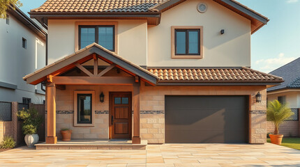 Obraz premium Two-story beige house with brown roof, wooden porch, and dark gray garage door. Landscaping includes potted plants. Sunny day.