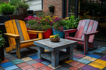 Obraz premium errasse Extérieure Colorée et Vintage avec Tapisserie Vinyle, Meubles en Bois Récupérés et Peints, fleurs et plantes décoratives