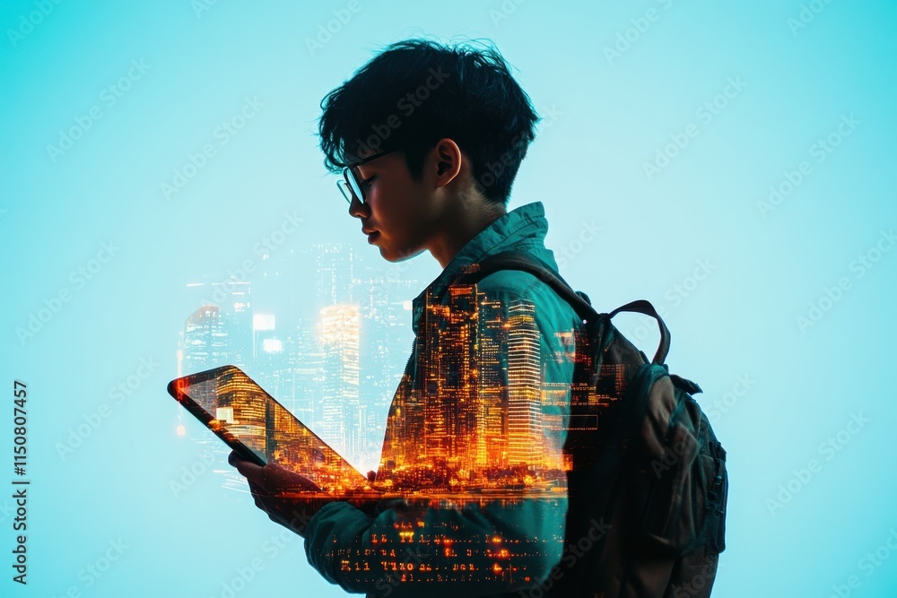 Poster student holding tablet with glowing cityscape and digital code overlay in futuristic double exposure