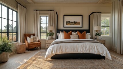 interior design magazine photo of modern master bedroom with a black canopy bed and chandelier