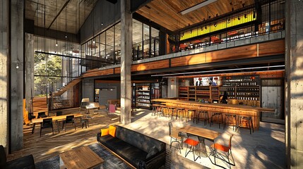 Fototapeta premium Modern industrial interior design of a spacious building with a bar, seating areas, and a mezzanine level.
