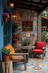 errasse Extérieure Colorée et Vintage avec Tapisserie Vinyle, Meubles en Bois Récupérés et Peints, fleurs et plantes décoratives