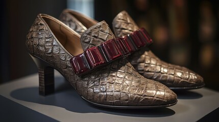 Obraz premium Mocha mousse high-heeled leather shoes with metallic buckles showcase craftsmanship