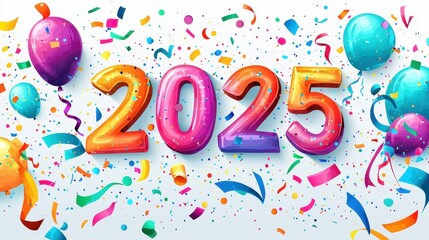 Fototapeta premium Colorful Playful Illustration Featuring Festive Elements for Celebrating a Joyful New Year 2025 with Balloons