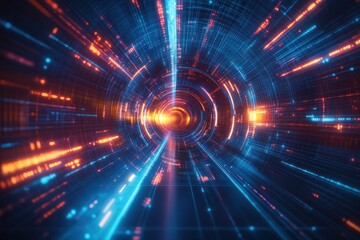 Obraz premium Abstract digital tunnel with glowing lines and circular patterns.