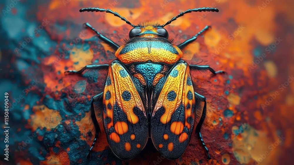 Poster vibrant insect on rusty surface with colorful patterns and textures
