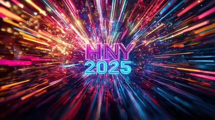 Colorful 3D Style Design with HNY 2025 in Vibrant and Dynamic Background of Light Reflections