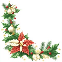 Christmas corner border design with holly, poinsettia, and ornaments.