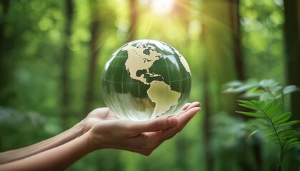 Hands Holding Globe Glass In Green Forest