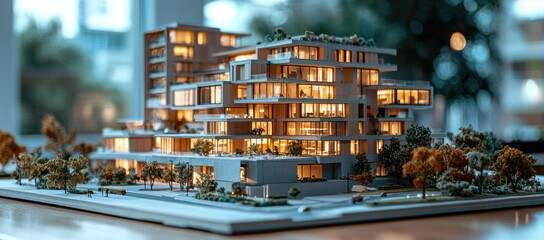 Obraz premium A detailed architectural model of a modern building, illuminated and surrounded by trees.