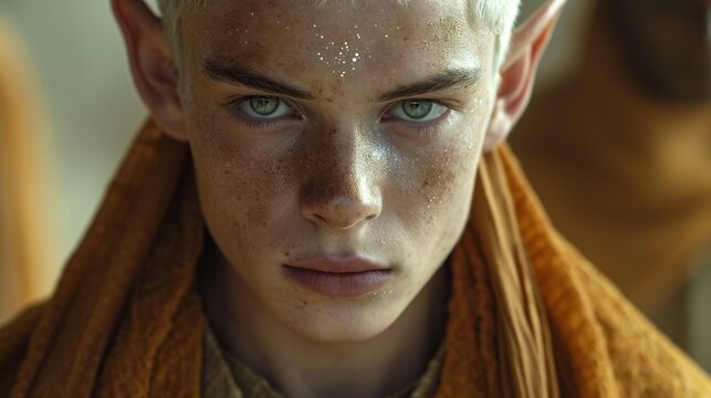EXTREME CLOSE-UP SHOT, a handsome male pale elf, white milky skin, brown robes, milky white eyes, small elf ears, medieval, symmetrical face, model face, ethereal lighting
