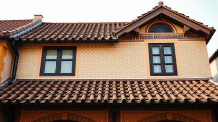 Building Exterior with Terracotta Tile Roof and Patterned Walls