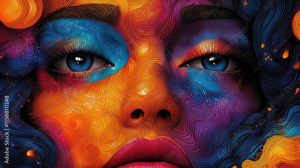 Poster vibrant abstract portrait with colorful swirls and intricate patterns