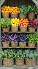 Colorful fruits and vegetables in baskets on wooden shelves.