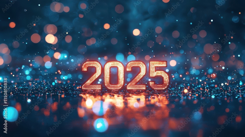 Poster futuristic 3d rendering of glowing 2025 with dynamic bokeh background in vibrant colors