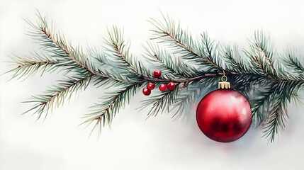 A beautifully decorated pine branch with a bright red ornament, capturing the spirit of the festive season.
