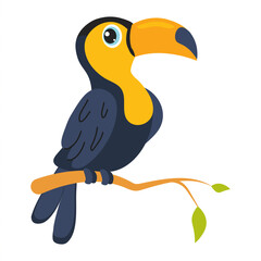 Colorful cartoon toucan perched on a branch with green leaves in a bright design
