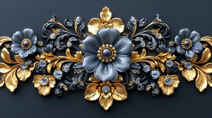 Naklejka premium Elegant gold and grey floral design with pearls and diamonds.