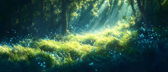 Obraz premium A serene forest scene with sunlight streaming through trees and illuminating vibrant green grass and wildflowers.