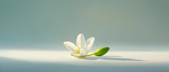 Fototapeta premium A serene white flower with a green leaf positioned gracefully on a soft background, exuding elegance and tranquility.