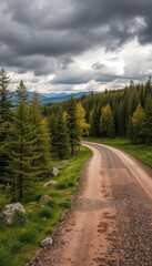 Fototapeta premium a dirt road that is winding through the woods