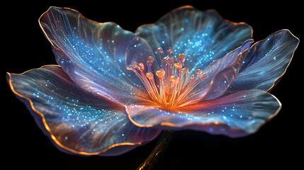 A stunning abstract flower with vibrant colors and glowing details against a dark background.