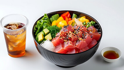 Delicious and healthy tuna poke bowl with assorted vegetables and iced tea.  Perfect for a light lunch or dinner.