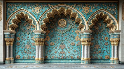Intricate turquoise and gold Islamic archway wall panel with floral designs and columns.