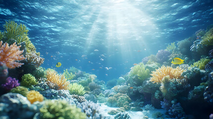 Obraz premium Breathtaking underwater scene showcasing vibrant coral reefs and diverse marine life in crystal clear water.