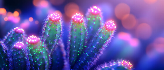 Close-up of vibrant cactus with bright, colorful tips glowing in soft light, showcasing stunning natural beauty.