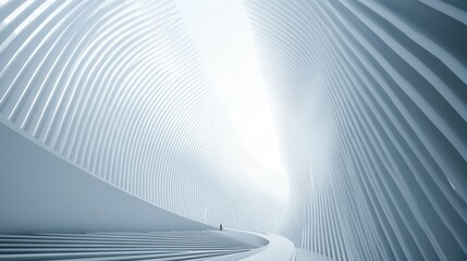Naklejka premium Abstract white architectural interior with curved lines and a lone figure.