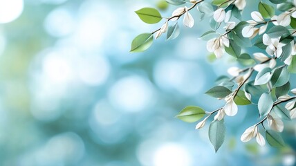 Obraz premium Branches with green and white leaves against blurred blue background