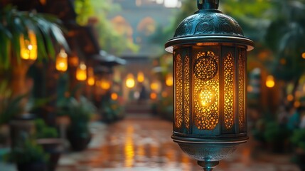 Naklejka premium Ornate lantern glowing in a lush, dimly lit alleyway.