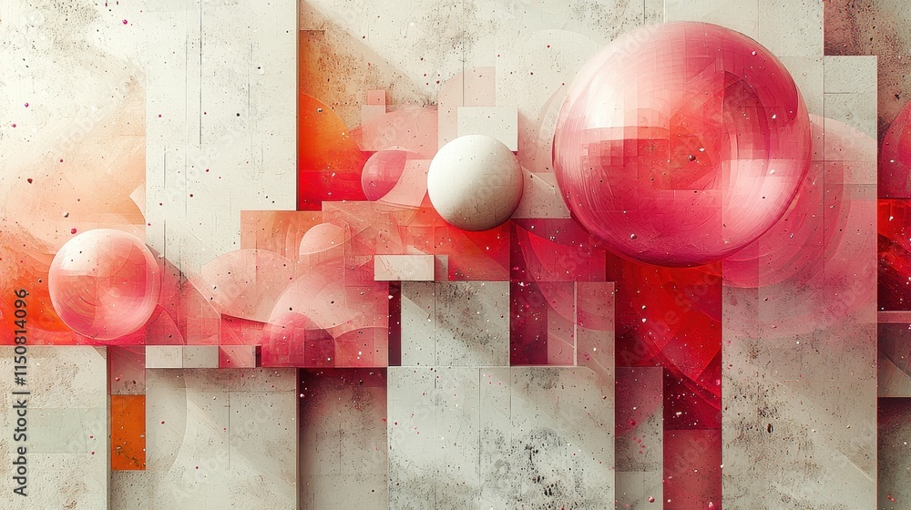 Poster abstract composition with geometric shapes and floating spheres