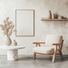 Beige armchair, marble table, and poster in minimalist room.