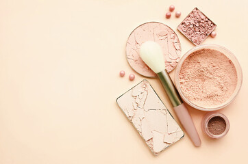 Varieties of face powders and foundations for perfect complexion, basic make up products to even out and matte skin, beauty cosmetics with brushes and sponges, selective focus