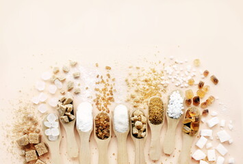 Mix of sugar varieties: unbleached, brown and white, refined and unrefined, granulated and cubes