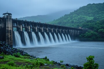 Majestic View of a Dam Structure Under Heavy Rain with Moody Lighting and Misty River Background in a Raw Gigapixel Perspective