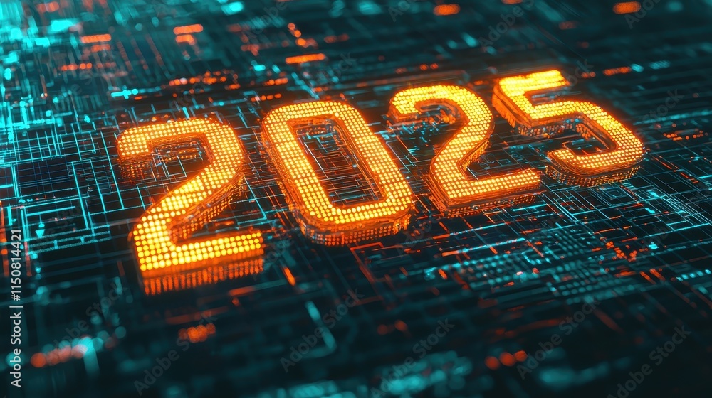 Poster futuristic 3d render of illuminated 2025 in sharp details with vibrant colors and gigapixel quality