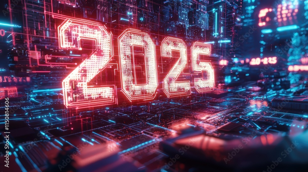 Poster futuristic 3d render of illuminated 2025 with sharp geometric design in a high-tech environment