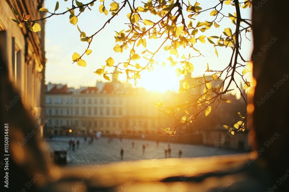 Aufkleber glowing sunset through tree branches framing a cobblestone square in the golden hour light, creating