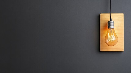 Glowing lightbulb on wooden mount against dark wall