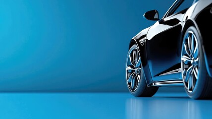 Close-up of sleek black car on blue background with stylish wheels