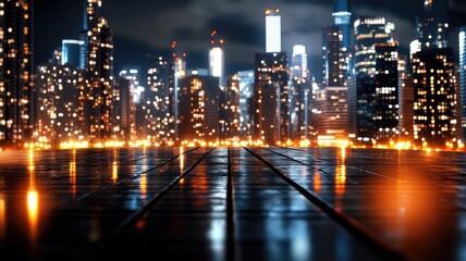 Fototapeta premium Illuminated modern city skyline at night, with wet pavement reflecting lights